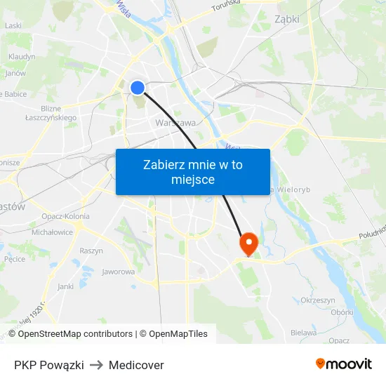 PKP Powązki to Medicover map