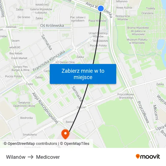 Wilanów to Medicover map