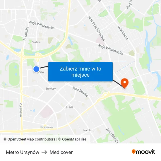 Metro Ursynów to Medicover map