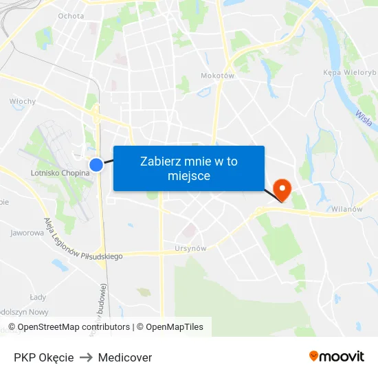 PKP Okęcie to Medicover map