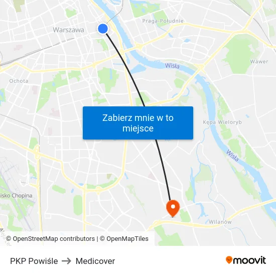 PKP Powiśle to Medicover map