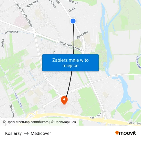 Kosiarzy to Medicover map