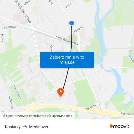 Kosiarzy to Medicover map