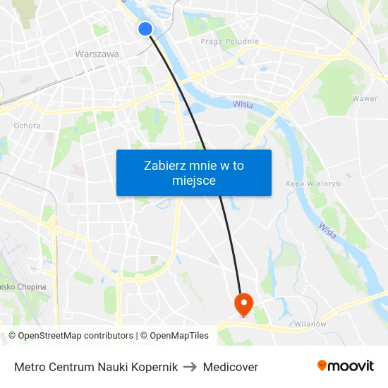 Metro Centrum Nauki Kopernik to Medicover map