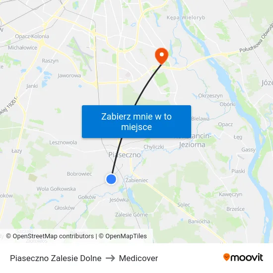 Piaseczno Zalesie Dolne to Medicover map