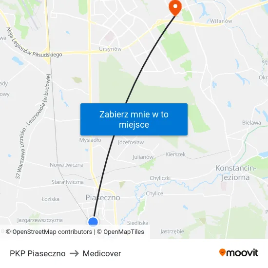 PKP Piaseczno to Medicover map