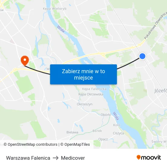 Warszawa Falenica to Medicover map