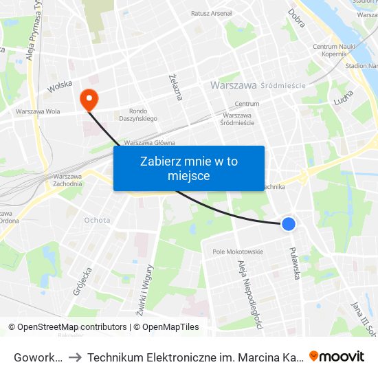 Goworka to Technikum Elektroniczne im. Marcina Kasprzaka nr 36 map