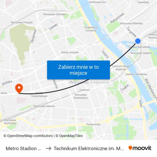 Metro Stadion Narodowy 12 to Technikum Elektroniczne im. Marcina Kasprzaka nr 36 map