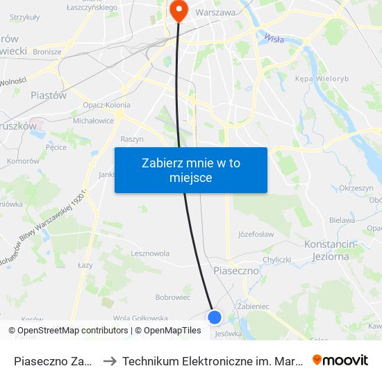 Piaseczno Zachodnia 02 to Technikum Elektroniczne im. Marcina Kasprzaka nr 36 map