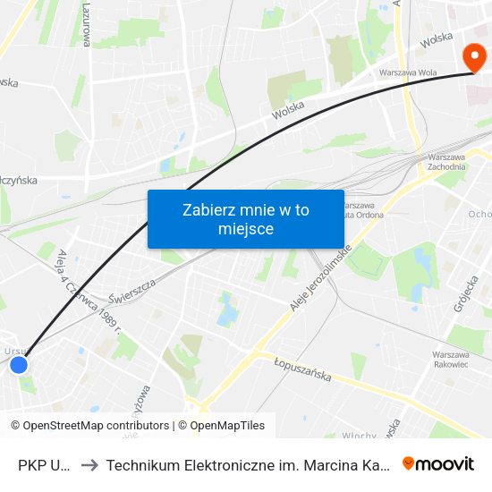 PKP Ursus to Technikum Elektroniczne im. Marcina Kasprzaka nr 36 map