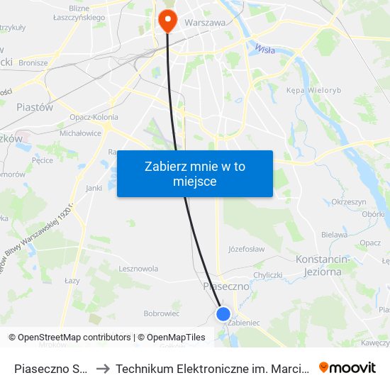 Piaseczno Szpital 02 to Technikum Elektroniczne im. Marcina Kasprzaka nr 36 map