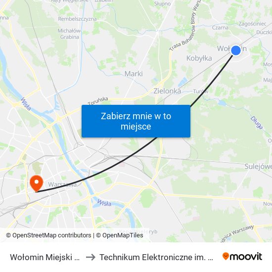 Wołomin Miejski Dom Kultury 02 to Technikum Elektroniczne im. Marcina Kasprzaka nr 36 map