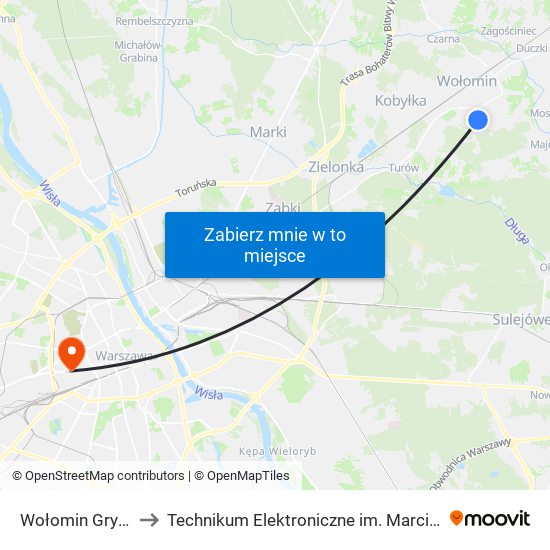 Wołomin Gryczana 02 to Technikum Elektroniczne im. Marcina Kasprzaka nr 36 map