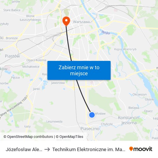 Józefosław Aleja Bzów 02 to Technikum Elektroniczne im. Marcina Kasprzaka nr 36 map