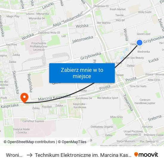 Wronia 01 to Technikum Elektroniczne im. Marcina Kasprzaka nr 36 map