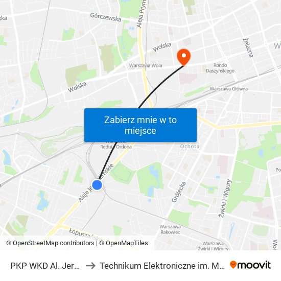 PKP WKD Al. Jerozolimskie 05 to Technikum Elektroniczne im. Marcina Kasprzaka nr 36 map