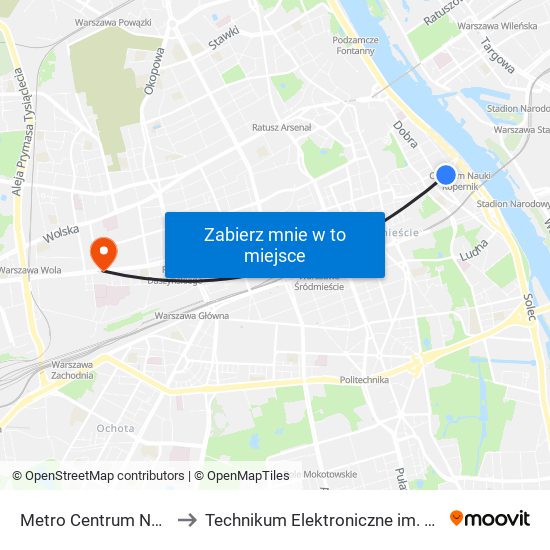 Metro Centrum Nauki Kopernik 05 to Technikum Elektroniczne im. Marcina Kasprzaka nr 36 map