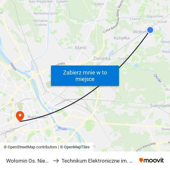 Wołomin Os. Niepodległości 03 to Technikum Elektroniczne im. Marcina Kasprzaka nr 36 map