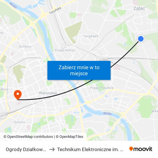 Ogrody Działkowe Kawęczyn 01 to Technikum Elektroniczne im. Marcina Kasprzaka nr 36 map