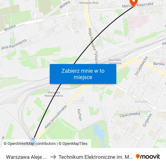 Warszawa Aleje Jerozolimskie to Technikum Elektroniczne im. Marcina Kasprzaka nr 36 map