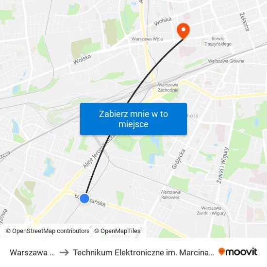 Warszawa Raków to Technikum Elektroniczne im. Marcina Kasprzaka nr 36 map