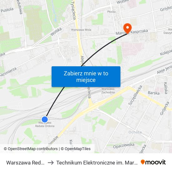 Warszawa Reduta Ordona to Technikum Elektroniczne im. Marcina Kasprzaka nr 36 map