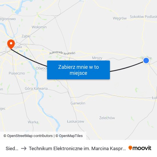 Siedlce to Technikum Elektroniczne im. Marcina Kasprzaka nr 36 map