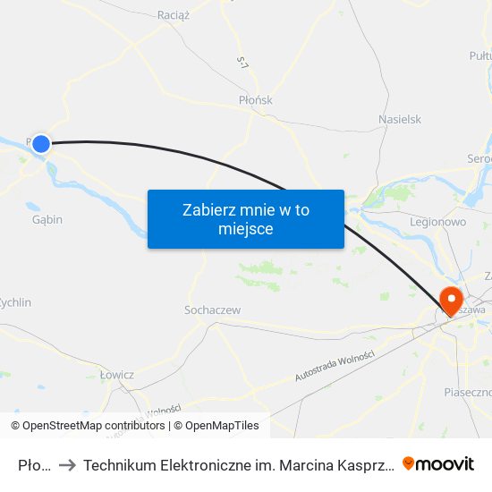 Płock to Technikum Elektroniczne im. Marcina Kasprzaka nr 36 map