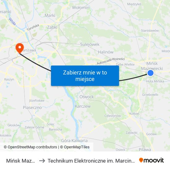 Mińsk Mazowiecki to Technikum Elektroniczne im. Marcina Kasprzaka nr 36 map