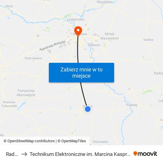 Radom to Technikum Elektroniczne im. Marcina Kasprzaka nr 36 map