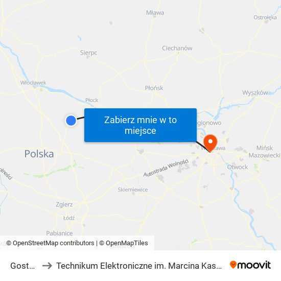 Gostynin to Technikum Elektroniczne im. Marcina Kasprzaka nr 36 map