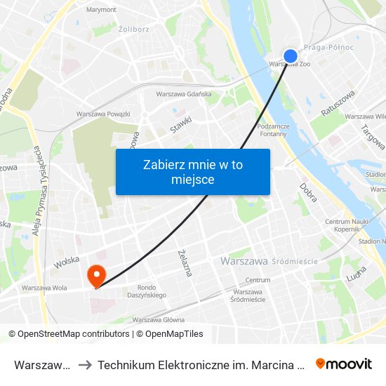 Warszawa Zoo to Technikum Elektroniczne im. Marcina Kasprzaka nr 36 map