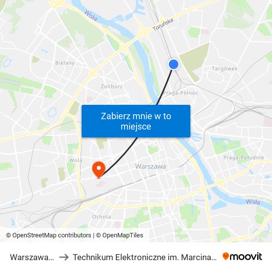 Warszawa Praga to Technikum Elektroniczne im. Marcina Kasprzaka nr 36 map