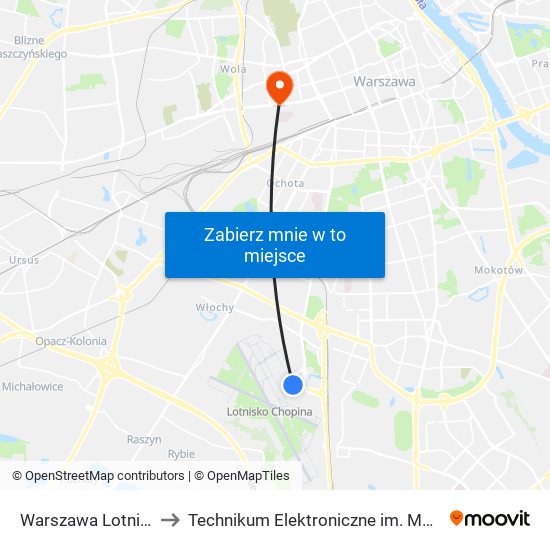 Warszawa Lotnisko Chopina to Technikum Elektroniczne im. Marcina Kasprzaka nr 36 map