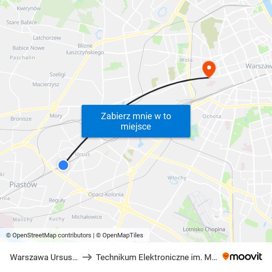 Warszawa Ursus Niedźwiadek to Technikum Elektroniczne im. Marcina Kasprzaka nr 36 map