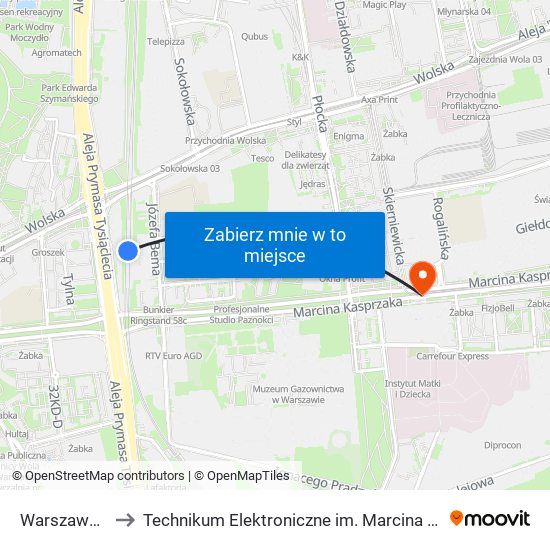 Warszawa Wola to Technikum Elektroniczne im. Marcina Kasprzaka nr 36 map