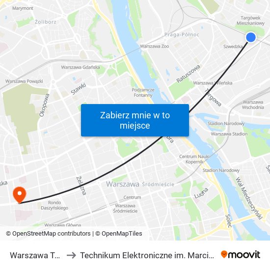 Warszawa Targówek to Technikum Elektroniczne im. Marcina Kasprzaka nr 36 map