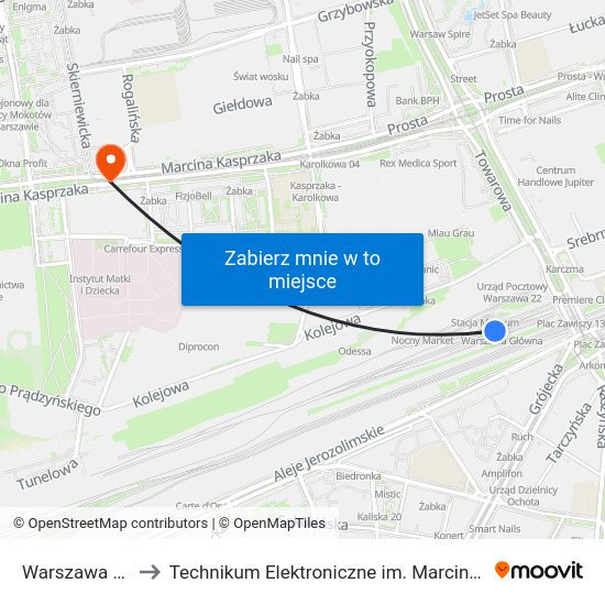 Warszawa Główna to Technikum Elektroniczne im. Marcina Kasprzaka nr 36 map