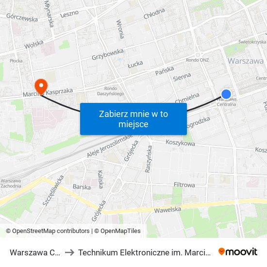 Warszawa Centralna to Technikum Elektroniczne im. Marcina Kasprzaka nr 36 map