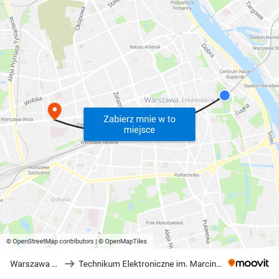 Warszawa Powiśle to Technikum Elektroniczne im. Marcina Kasprzaka nr 36 map