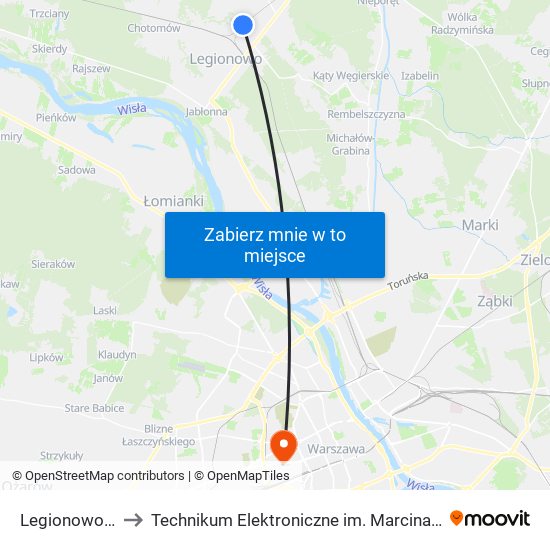 Legionowo Piaski to Technikum Elektroniczne im. Marcina Kasprzaka nr 36 map