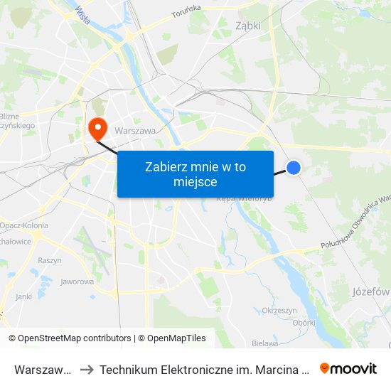 Warszawa Anin to Technikum Elektroniczne im. Marcina Kasprzaka nr 36 map