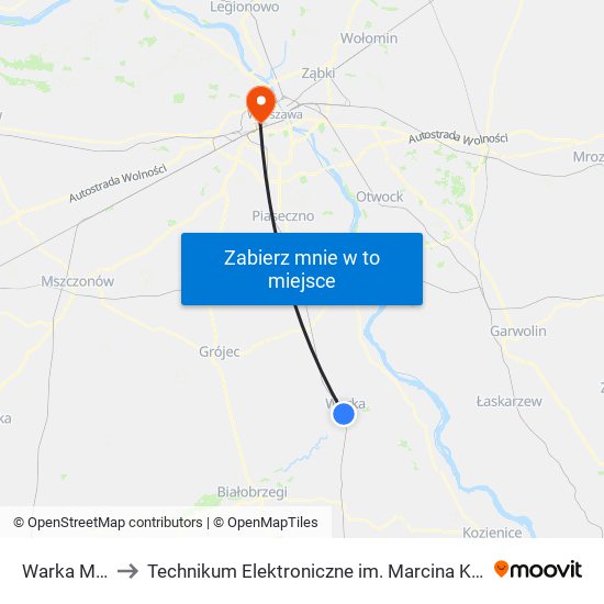 Warka Miasto to Technikum Elektroniczne im. Marcina Kasprzaka nr 36 map