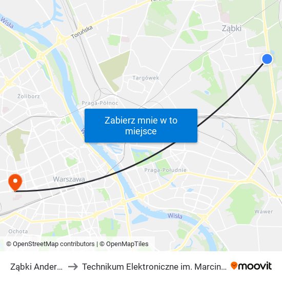 Ząbki Andersena 01 to Technikum Elektroniczne im. Marcina Kasprzaka nr 36 map