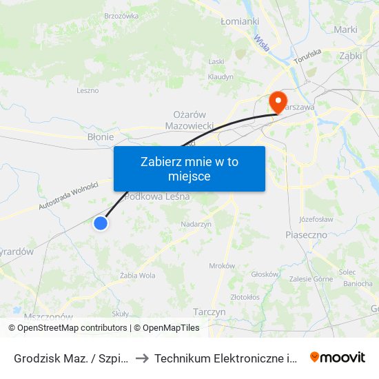 Grodzisk Maz. / Szpital / Kołłątaja 01 (Nż) to Technikum Elektroniczne im. Marcina Kasprzaka nr 36 map