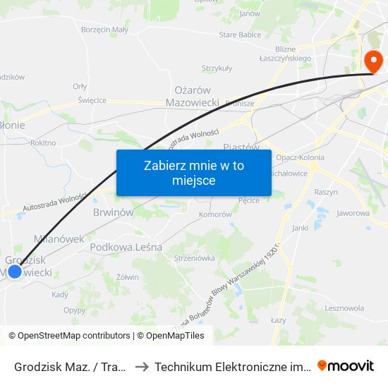 Grodzisk Maz. / Traugutta / Dw. PKP 01 to Technikum Elektroniczne im. Marcina Kasprzaka nr 36 map