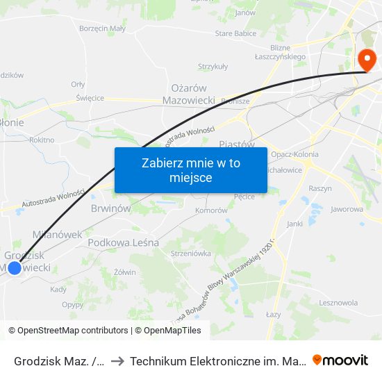 Grodzisk Maz. / Dw. PKP 01 to Technikum Elektroniczne im. Marcina Kasprzaka nr 36 map