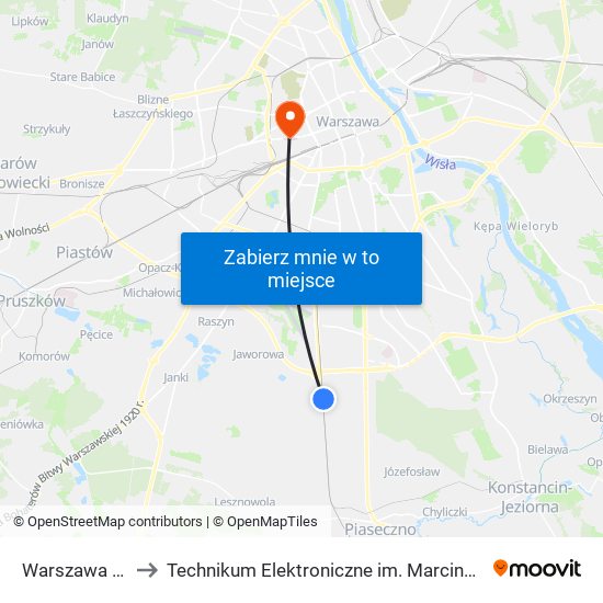 Warszawa Dawidy to Technikum Elektroniczne im. Marcina Kasprzaka nr 36 map