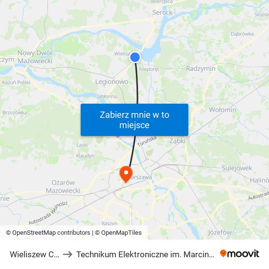 Wieliszew Centrum to Technikum Elektroniczne im. Marcina Kasprzaka nr 36 map